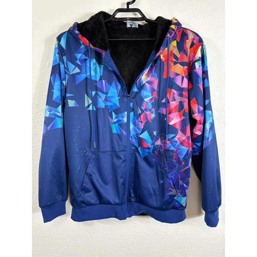 Geometric Fleece‎ Lined Full Zip Hoodie Jacket Colorful Print Size L